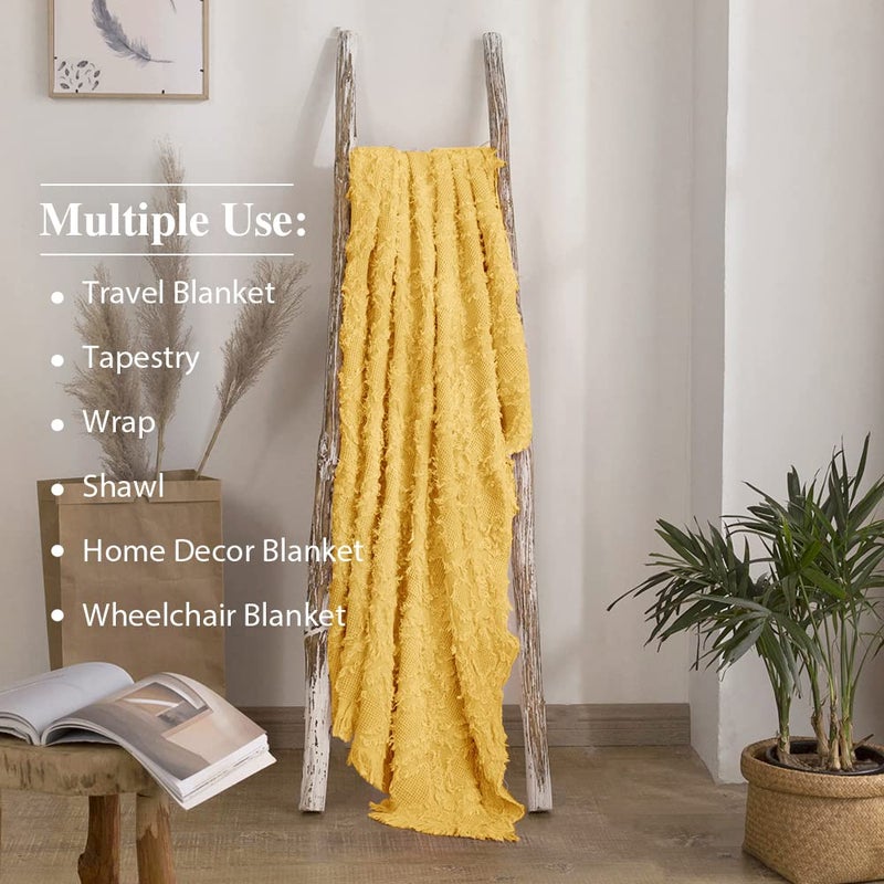Simple&Opulence 100% Cotton Throw Blanket for Bed, Couch, Boho Textured Geometric Knit Woven Blanket with Tassels Soft, Lightweight Breathable Shabby Chic Farmhouse Decoration for All-Season(Yellow) - Image 4